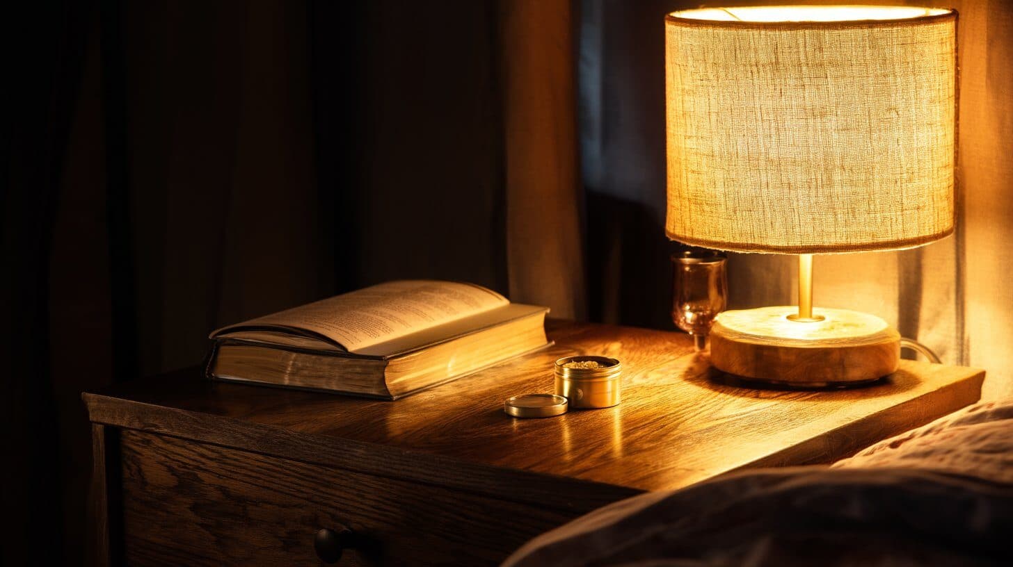 Bedside table with brass tin and book